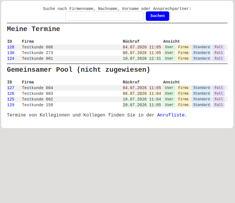 Übersicht der Anrufliste mit eigenen Terminen und gemeinsamem Pool