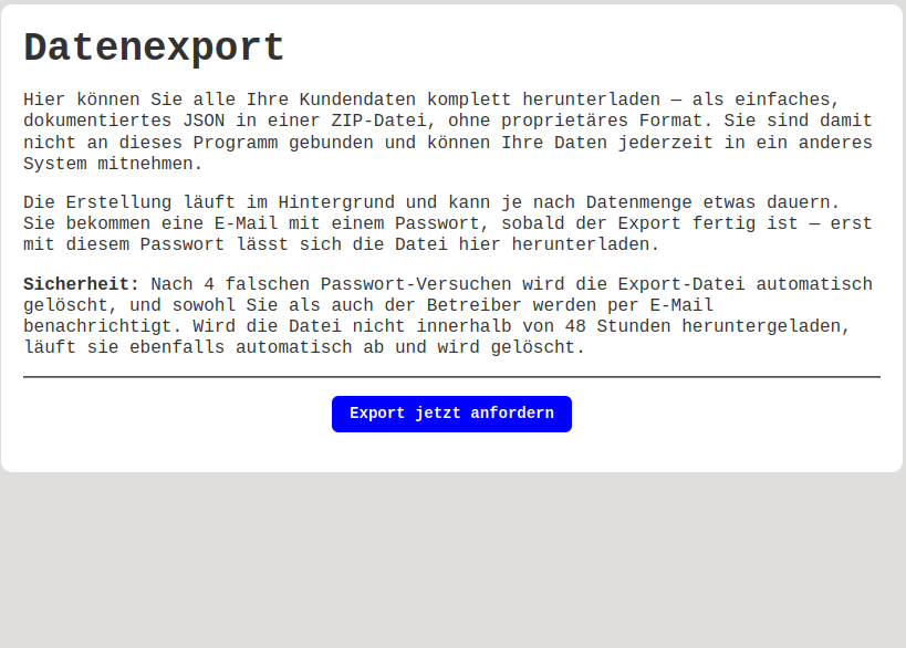 Seite für den vollständigen Datenexport
